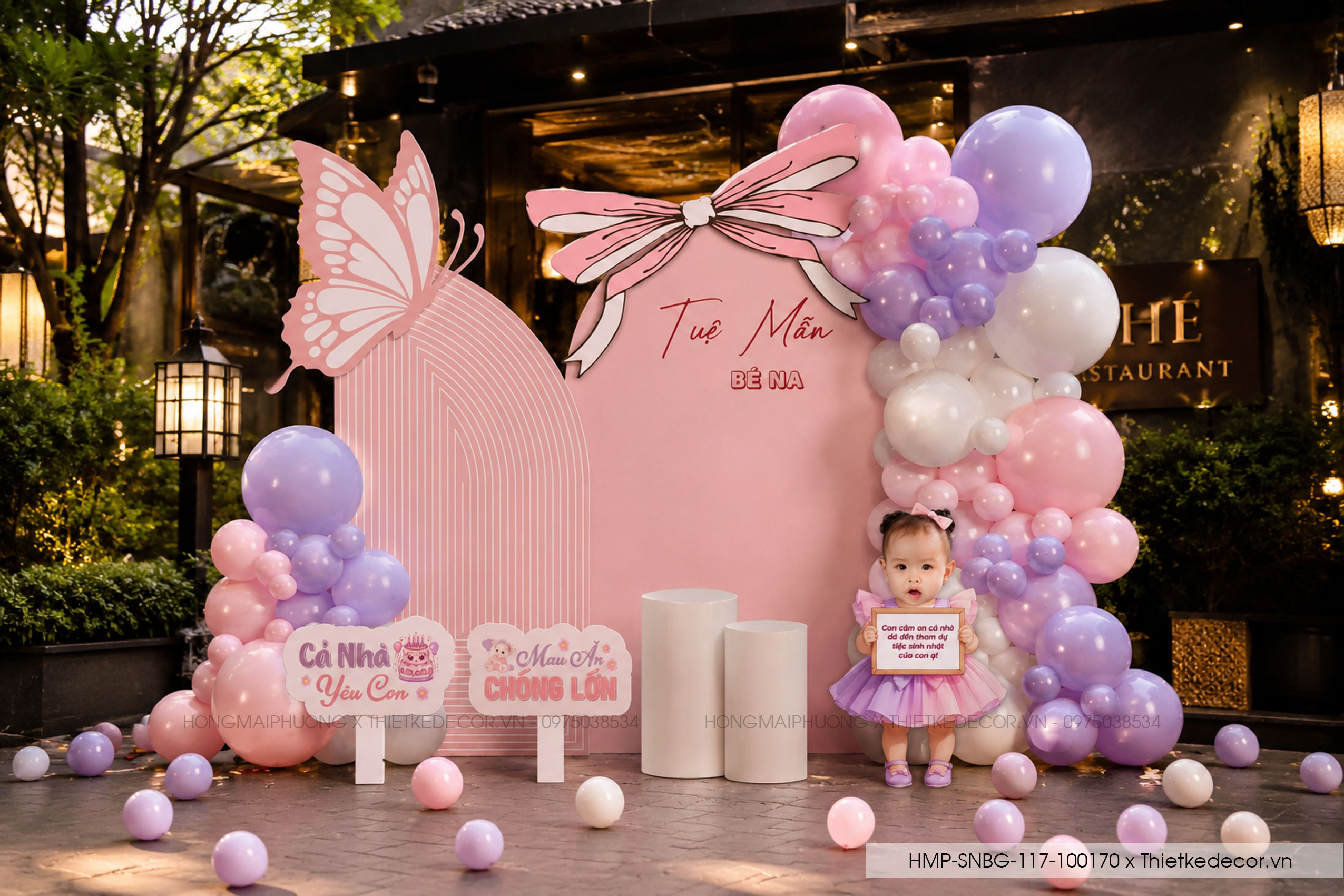 File thiết kế decor trang trí tiệc sinh nhật bé gái tuổi tỵ - rắn mix nơ, bướm, bong bóng cute dễ thương đáng yêu tone hồng